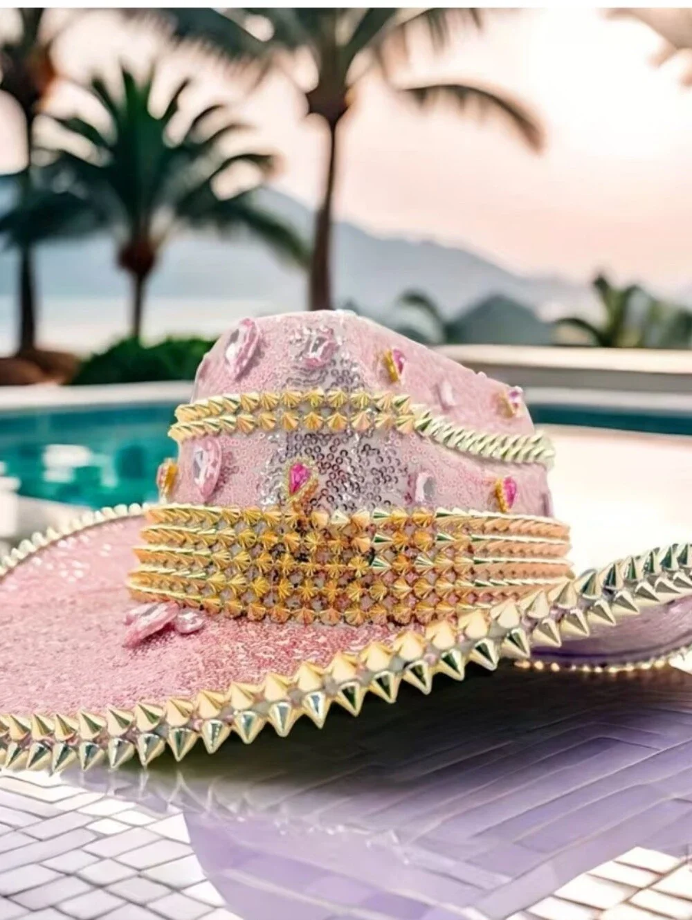 Sequined Pink Cowboy Hat with Gold Stud Accents - Women Accessories